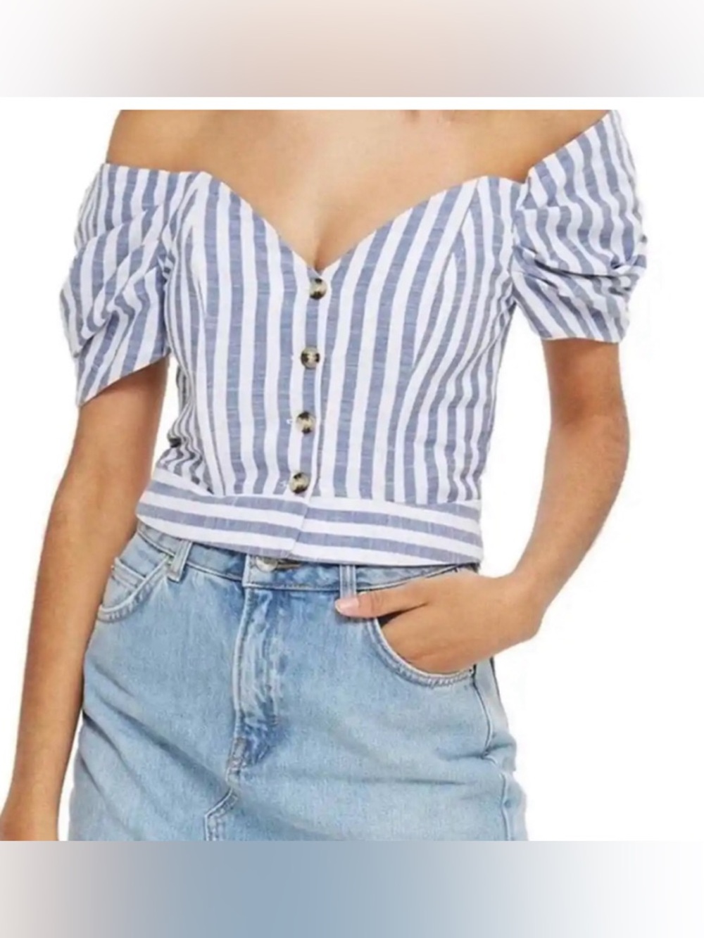 Topshop Blue and White Striped Off-Shoulder Crop Top